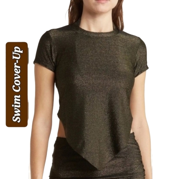 VYB Swim Cover-Up Shimmer Metallic AsymmetricalCrop Top / Black-Gold - Picture 8 of 10